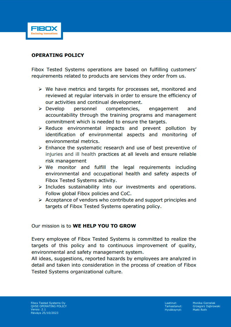 FTS QHSE Operating Policy
