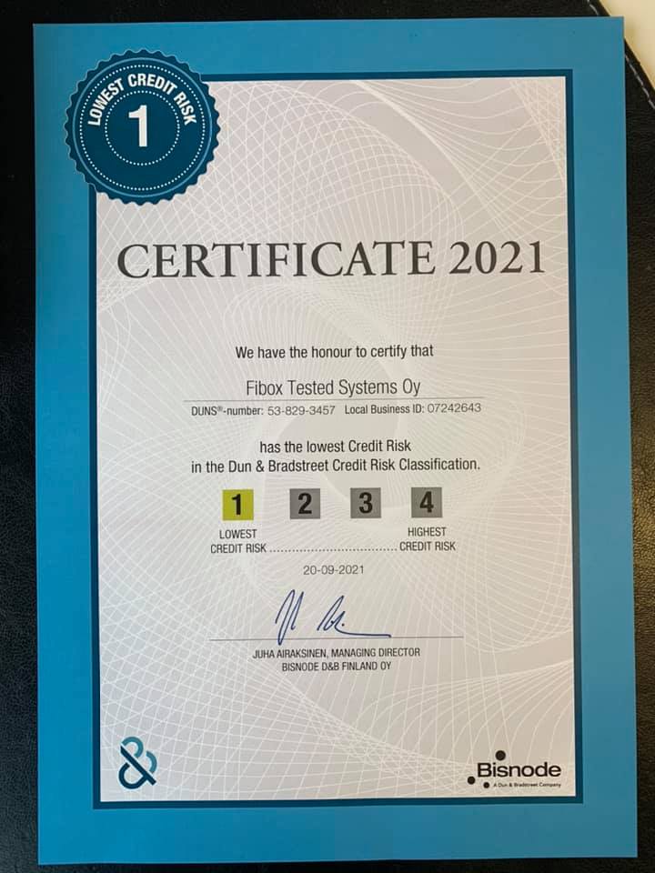 certificate Fibox Tested Systems